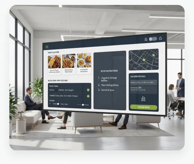 Tilvo catering order screen with party platters, taco-bar choices, and delivery details