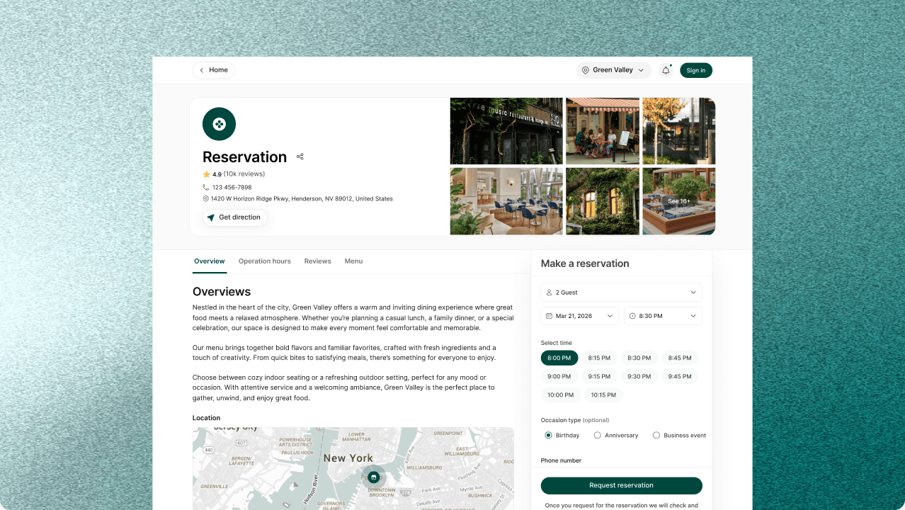 Restaurant reservation page with a photo gallery, location map, party size, date, available times, and occasion preferences.