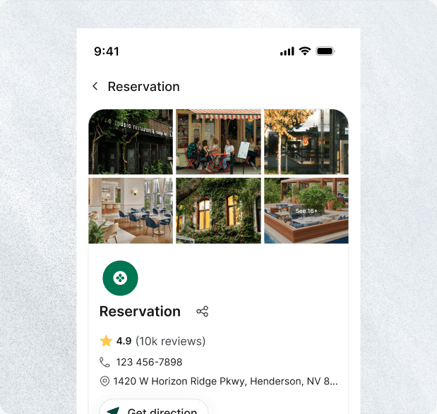 Mobile reservation page with restaurant photography, guest rating, contact details, and location.
