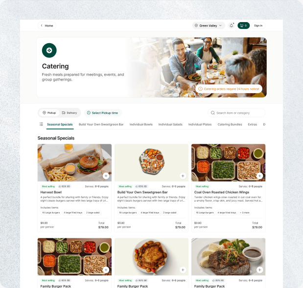 Tilvo catering storefront showing meal packages, guest counts, prices, and advance ordering information.