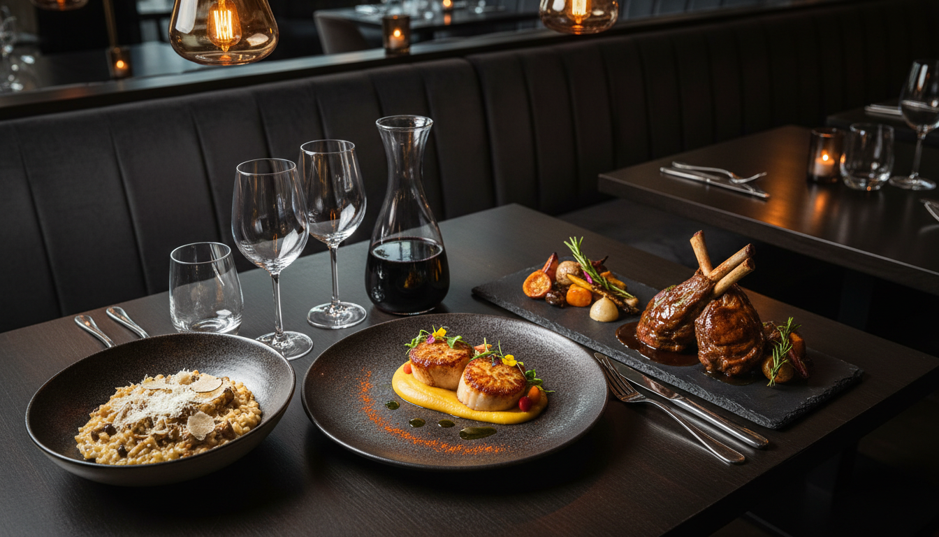 Chef garnishing dishes on a busy kitchen pass