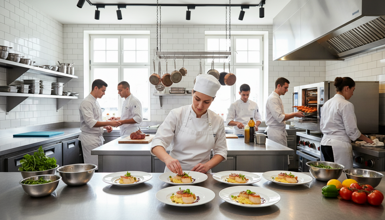 Chefs expediting tickets at the kitchen display screen