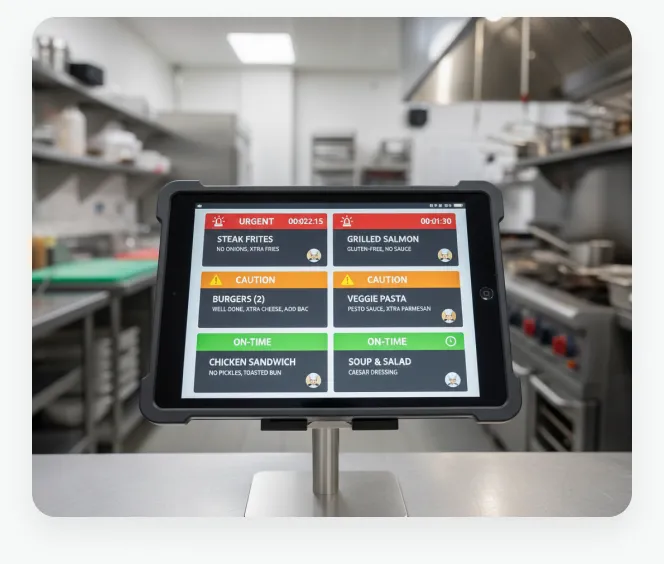 Kitchen display showing burger and grill orders with preparation status