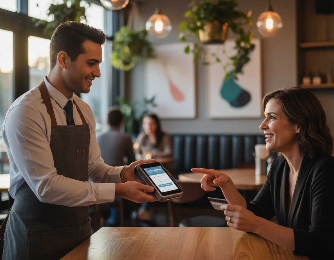 Server offering a loyalty checkout tablet to a guest