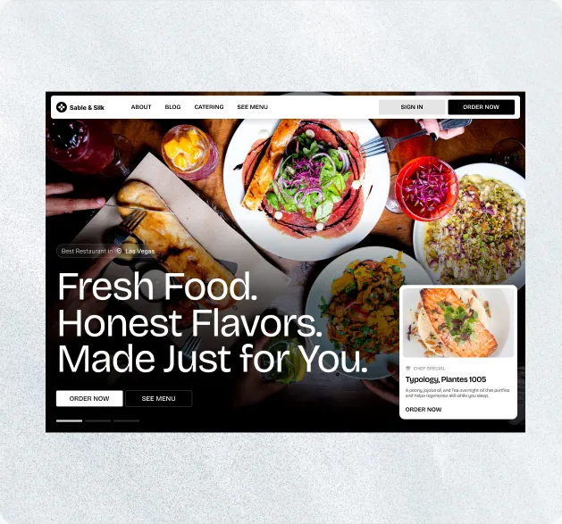 Restaurant website featuring dishes and a direct online ordering button