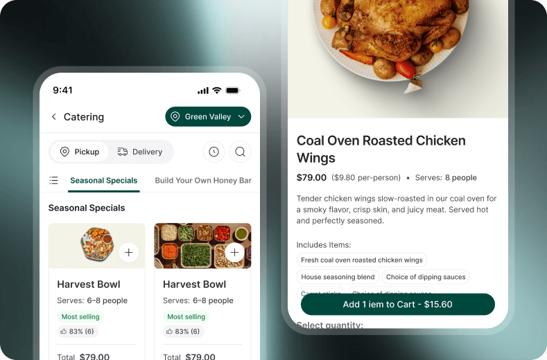 Mobile catering menu and chicken wing package detail screens in the restaurant’s brand, including pickup and delivery options.