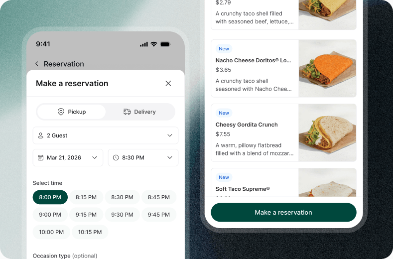 Mobile reservation sheet showing guest count and available time slots beside the restaurant menu.