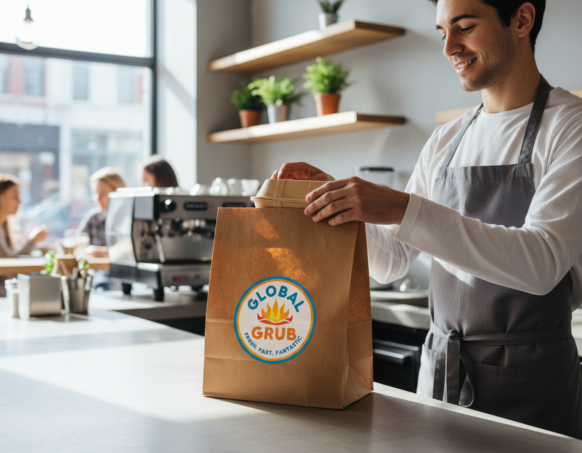 Counter staff packing a branded takeout bag for pickup