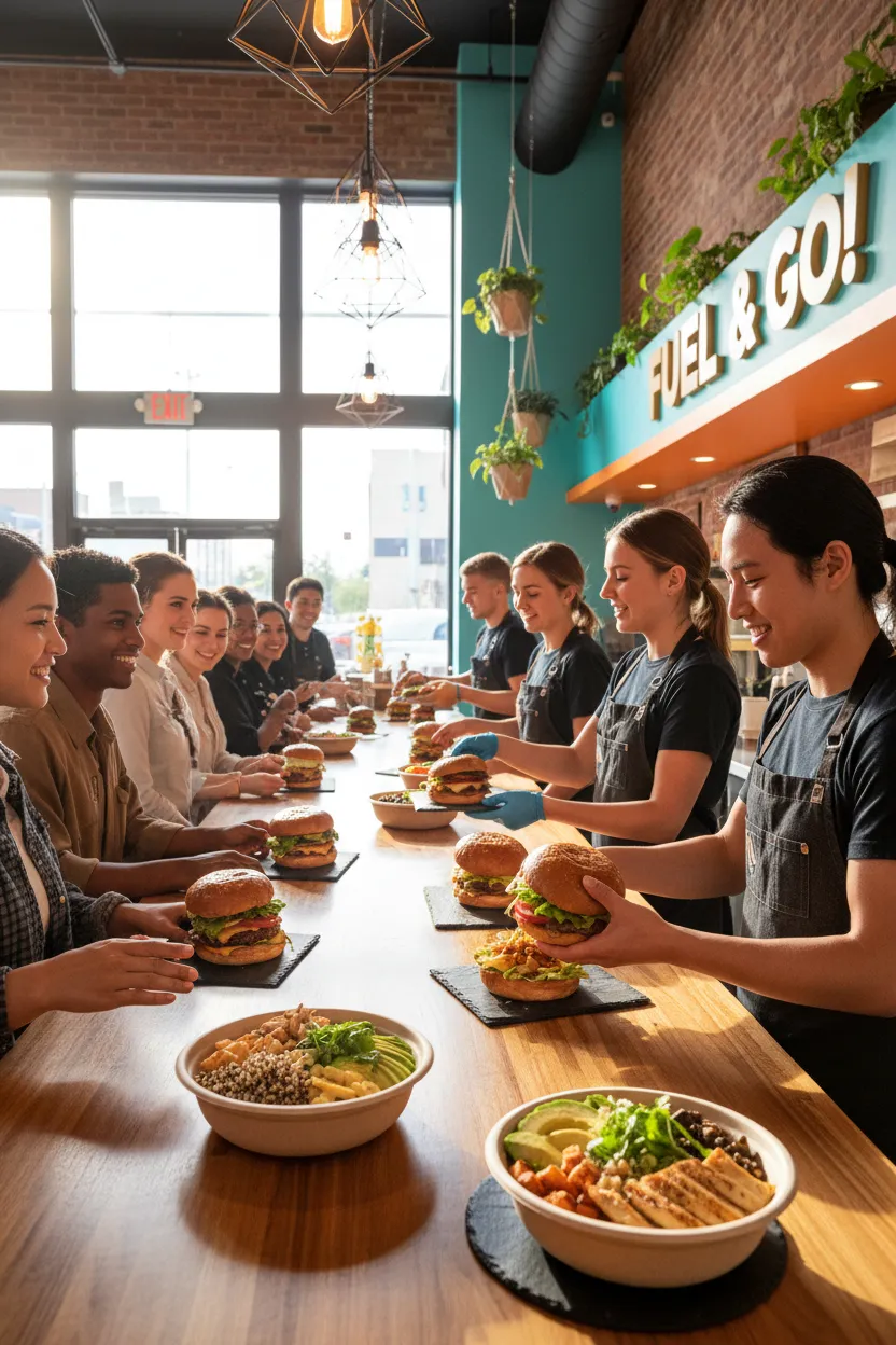 Restaurant team serving burgers and bowls across a busy counter