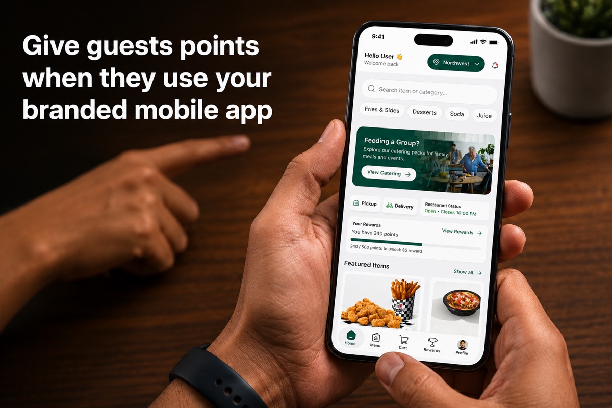 Branded mobile app showcase showing guests earning points when they use the restaurant app
