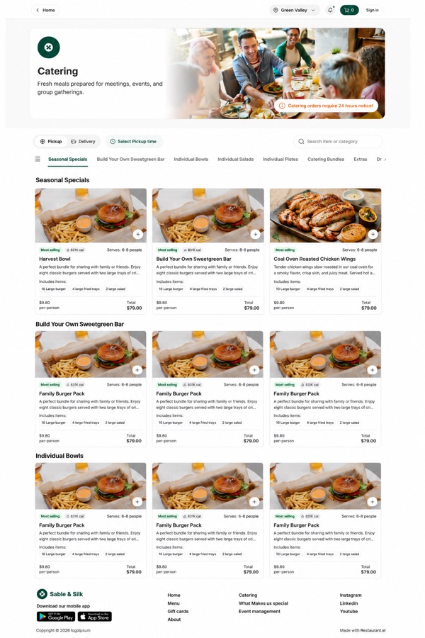 Catering online ordering page with menu categories and catering bundles